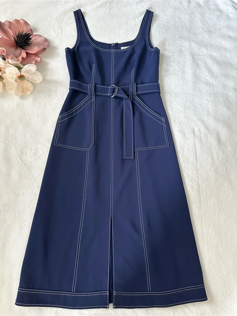 Luxely Denim Contrast Stitch Blue Midi Dress Size 6 - Picture 3 of 13